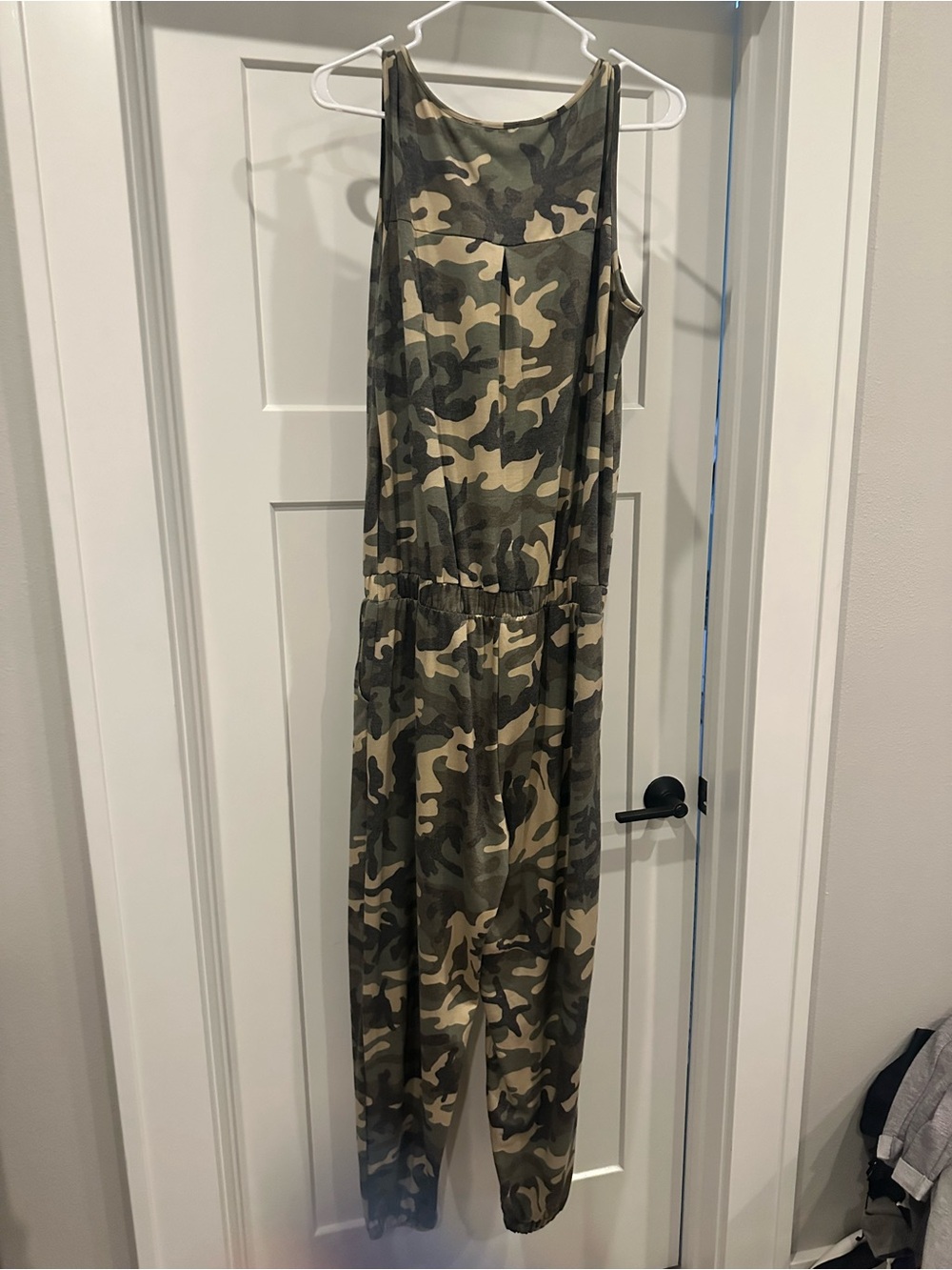 Zenana Outfitters Sleeveless Camouflage Drawstring Jumpsuit - Olive & Beige - Picture 3 of 4